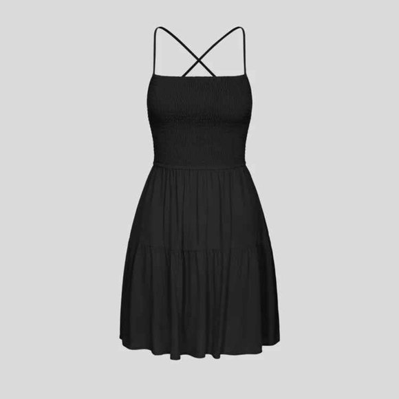 Halara | Backless Crisscross Adjustable Strap Shirred Plicated Flowy Mini - Picture 3 of 3